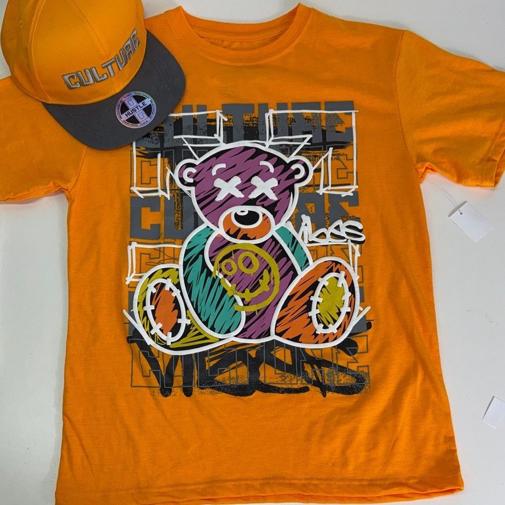 Culture Kids Orange Bear Graphic Tee & hat Sz L 10-12 NWT
